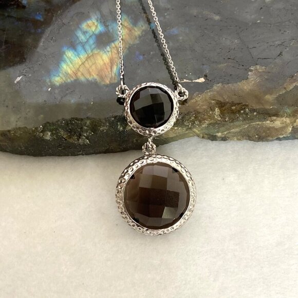 Sterling Silver SGL 925 India Faceted Round Smoky Quartz Pendant Necklace 18" - Picture 4 of 16